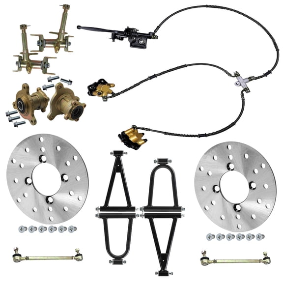 Front Swingarm Suspension Shock Upper Lower Shock Swing Arm Kit, with Twin Brake Caliper Assembly, Disc Rotor, Tie Rod End, Wheel Hubs, Steering Spindles for Go Kart ATV UTV Buggy Quad Golf Cart