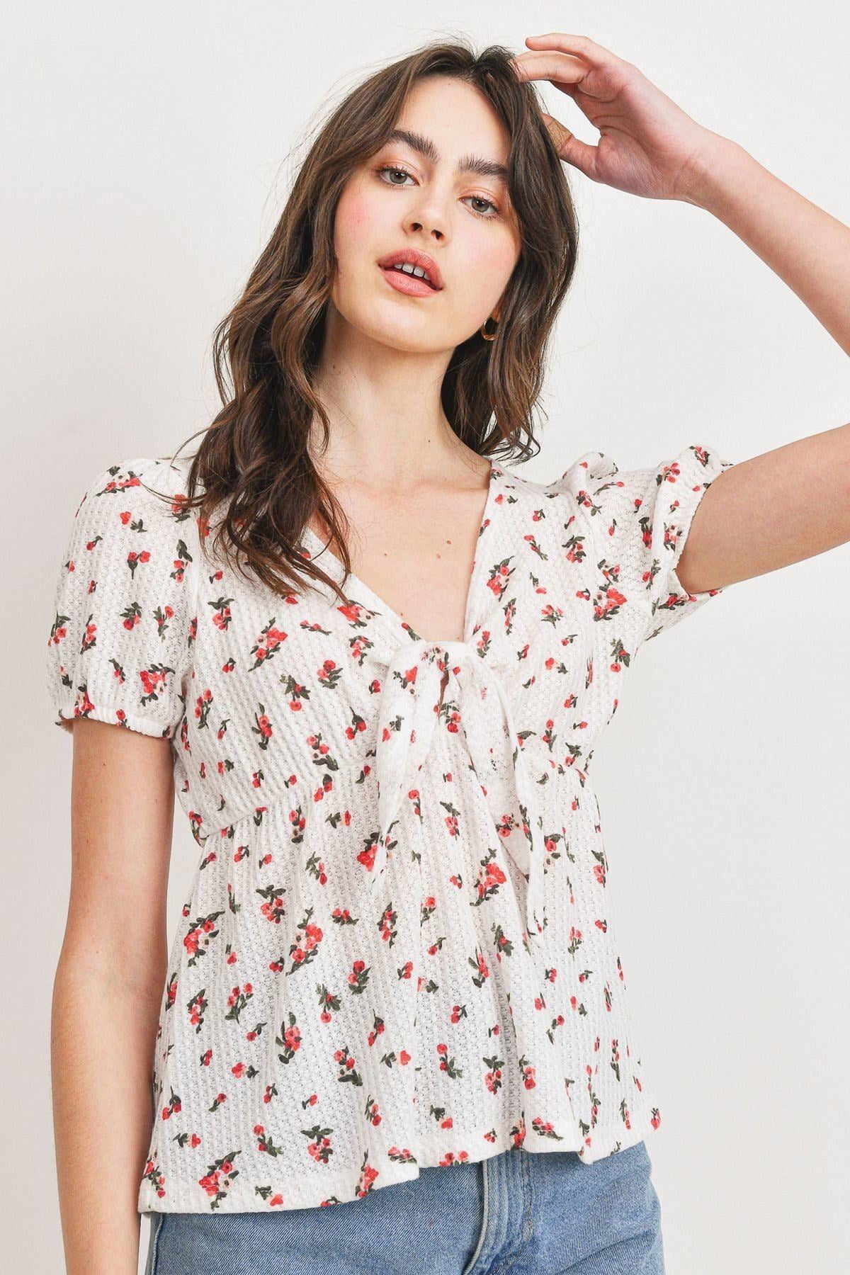 Legacy Waffle Floral Exposed Seam Top