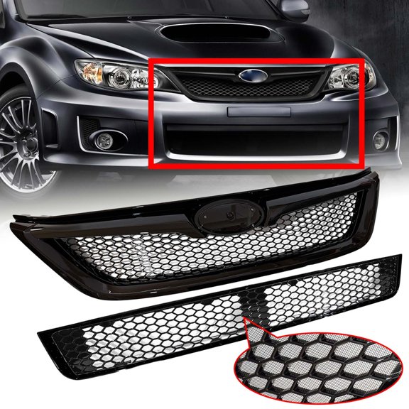 Front Upper & Lower Bumper Grille Set For 2011-2014 Subaru Impreza Black Honeycomb Mesh Grill Kit Complete Replacement