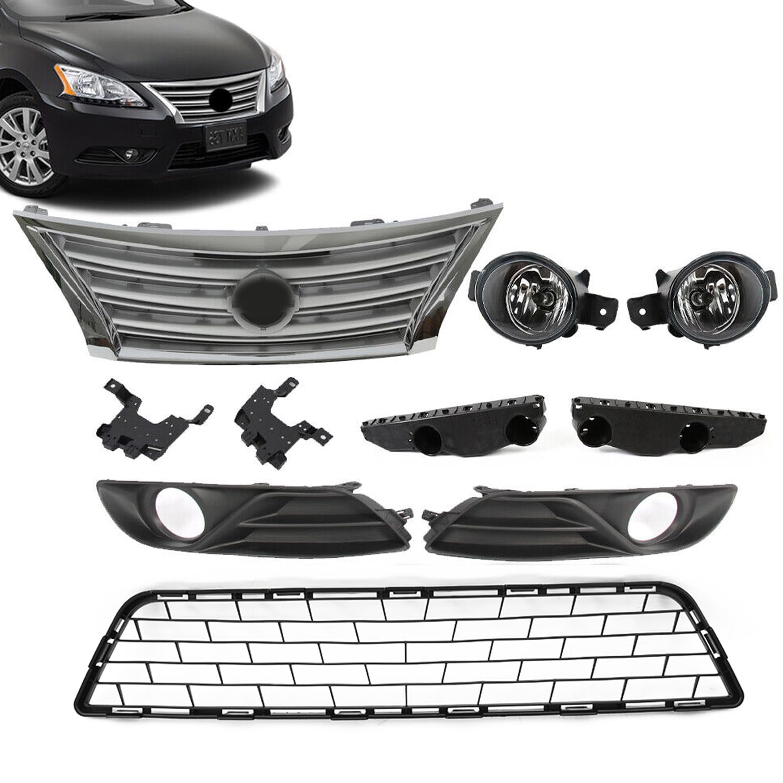 Front Upper/Lower Grille/Fog Lights/Bezels/Brackets Compatible with