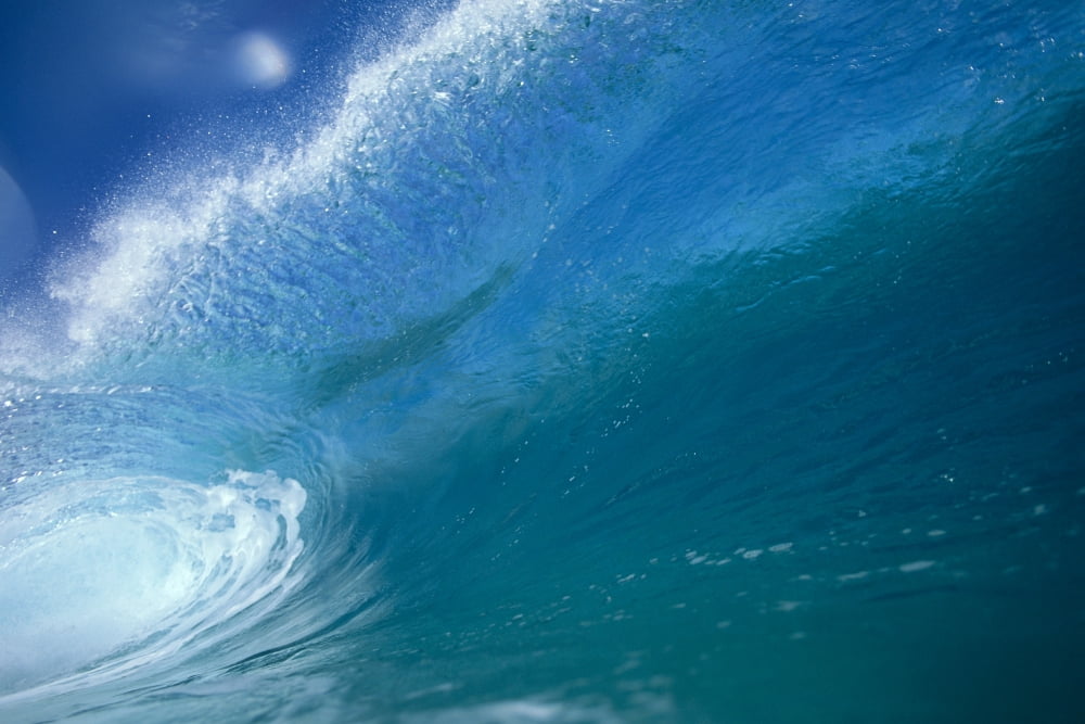Front View Of Aqua Wave Tube Blue Sky Glassy And Flat Canvas Art - Vince Cavataio Design Pics (38 x 24)