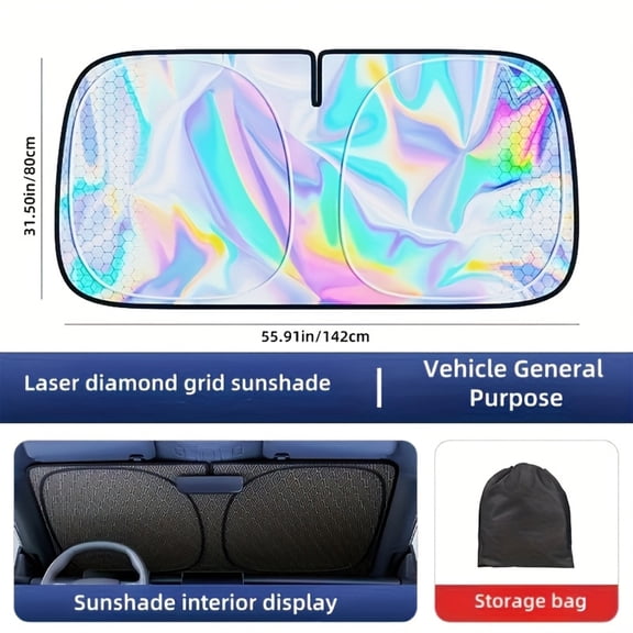 Front Windshield Iridescent Sun Shade Folding Double-sided Sunshade for Medium and Small Car with Reflective Insulation UV Protection for Travel and Outdoor Use, 55.9x31.5 Inch
