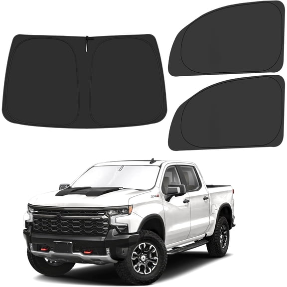 Front Windshield & Side Window Sun Shade for 2019-2025 Chevy Silverado 1500, Double Cab Crew Cab 4Door, Foldable Window Sunshade Sun Visor Protector, Window Shades Blocks UV Rays, Pack of 3