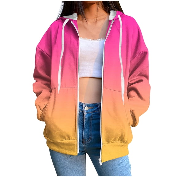 Front Zip Hoodies for Women Oversized Gradient Colorblock Hooded Zipper Sweatshirt Jacket Y2k Fall Coat Outerwear (L, Orange)
