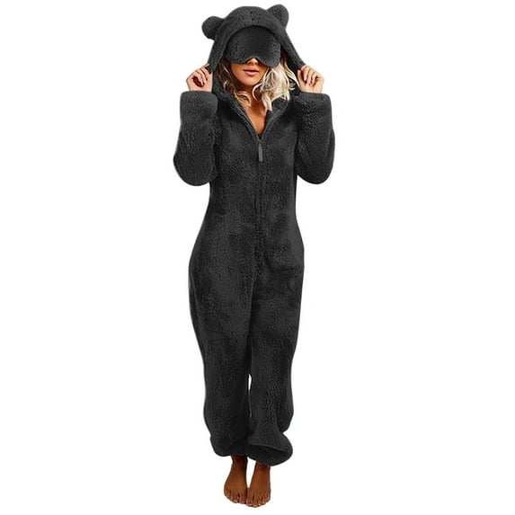 Front Zip Sherpa Fleece Onesie Hoodies Womens Shaggy Fuzzy Bear Ears Hooded Jumpsuit Winter Pajamas Homewear (L, Black|Eye Mask)