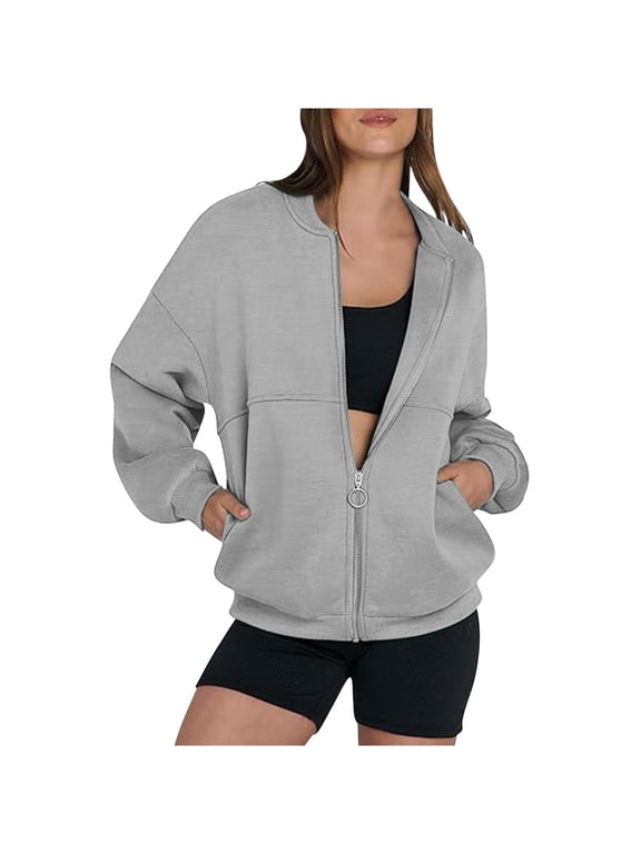 Front Zip Sweatshirt Jacket No Hood Womens Solid Cotton Baggy Fall Coats Pockets Comfy Zipper Outerwear (2XL, Gray)