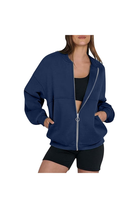 Front Zip Sweatshirt Jacket No Hood Womens Solid Cotton Baggy Fall Coats Pockets Comfy Zipper Outerwear (L, Navy)
