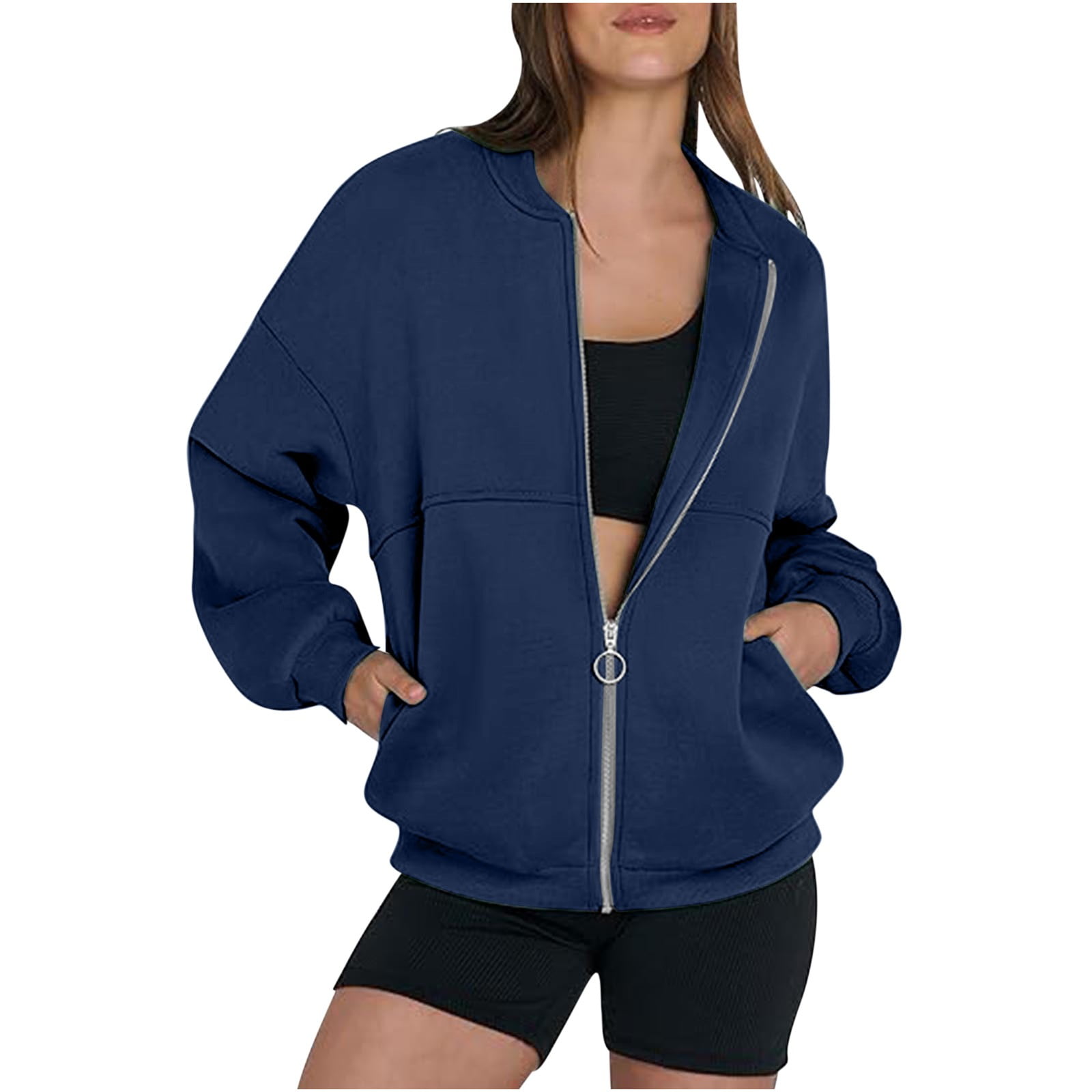 Front Zip Sweatshirt Jacket No Hood Womens Solid Cotton Baggy Fall Coats Pockets Comfy Zipper Outerwear L Navy