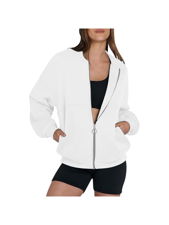 Front Zip Sweatshirt Jacket No Hood Womens Solid Cotton Baggy Fall Coats Pockets Comfy Zipper Outerwear (L, White)