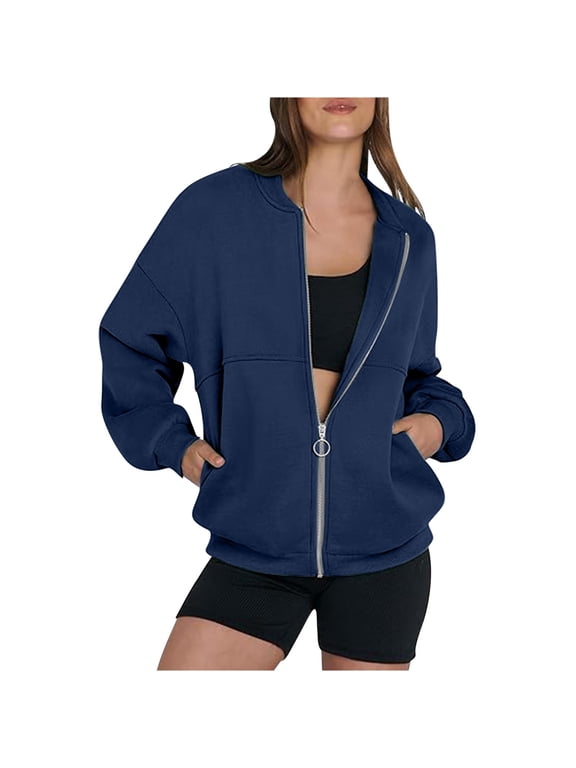 Front Zip Sweatshirt Jacket No Hood Womens Solid Cotton Baggy Fall Coats Pockets Comfy Zipper Outerwear (M, Navy)