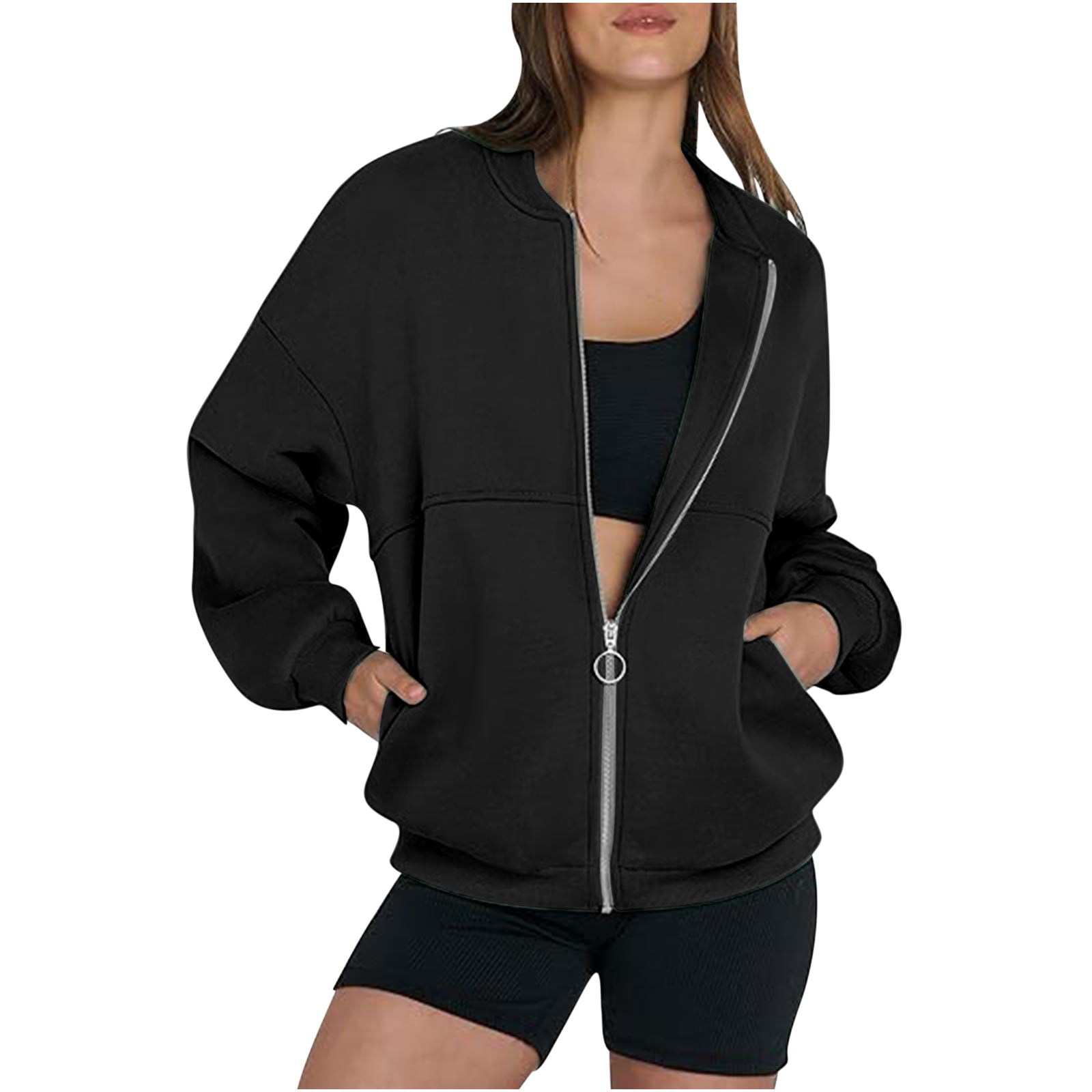 Front Zip Sweatshirt Jacket No Hood Womens Solid Cotton Baggy Fall Coats Pockets Comfy Zipper Outerwear S Black Walmart