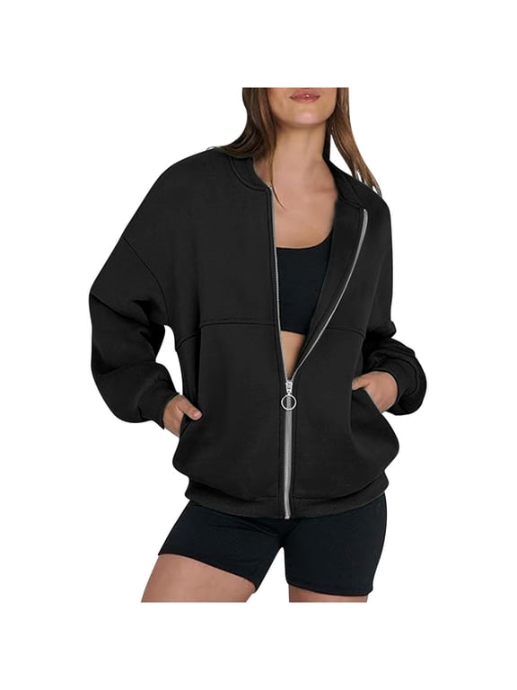 Front Zip Sweatshirt Jacket No Hood Womens Solid Cotton Baggy Fall Coats Pockets Comfy Zipper Outerwear (XL, Black)