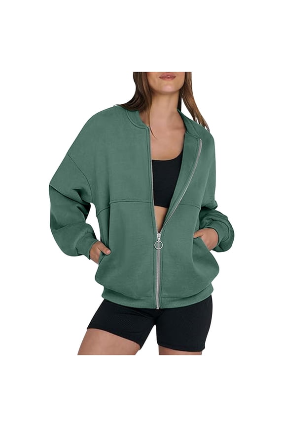 Front Zip Sweatshirt Jacket No Hood Womens Solid Cotton Baggy Fall Coats Pockets Cozy Zipper Outwear (L, Green)