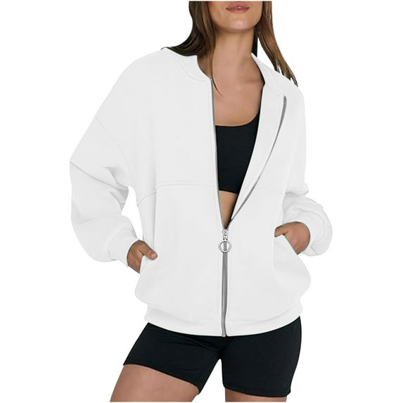 Front Zip Sweatshirt Jacket No Hood Womens Solid Cotton Baggy Fall Coats Pockets Cozy Zipper Outwear (M, White)