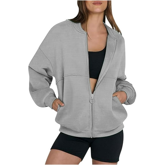 Front Zip Sweatshirt Jacket No Hood Womens Solid Cotton Baggy Fall Coats Pockets Cozy Zipper Outwear (XL, Gray)