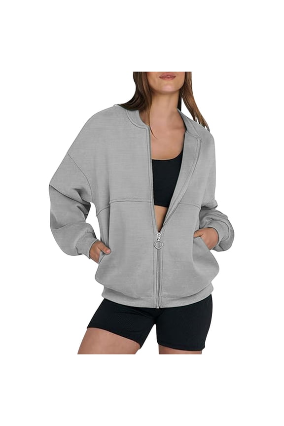 Front Zip Sweatshirt Jacket No Hood Womens Solid Cotton Baggy Fall Coats Pockets Cozy Zipper Outwear (XL, Gray)