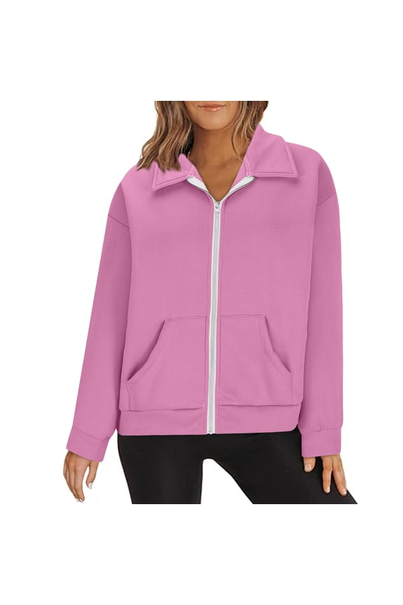 Front Zip Sweatshirts Womens without Hood Cotton Warm Comfy Zipper Fall Jacket Outerwear Solid Sports Coat (L, Pink)