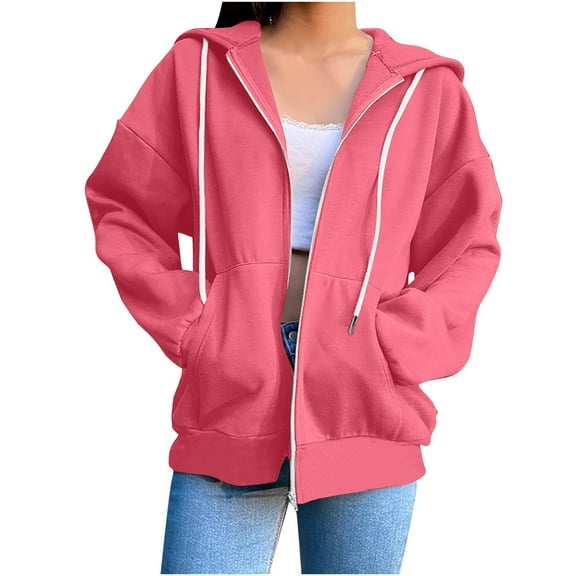 Front Zipper Jackets with Hood Womens Long Sleeve Full Zip Up Hoodie Sweatshirt Coat Pockets Loose Casual Outerwear (S, Hot Pink)