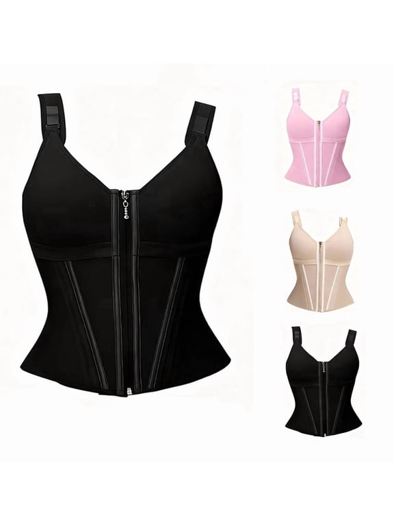 Front Zipper Tummy Control Waist Trainer Corset Tank Top, Women Adjustable Strap Body Shaper Compression Shapewear(black S)