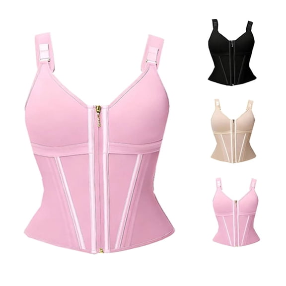 Front Zipper Tummy Control Waist Trainer Corset Tank Top, Women Adjustable Strap Body Shaper Compression Shapewear(pink XS)