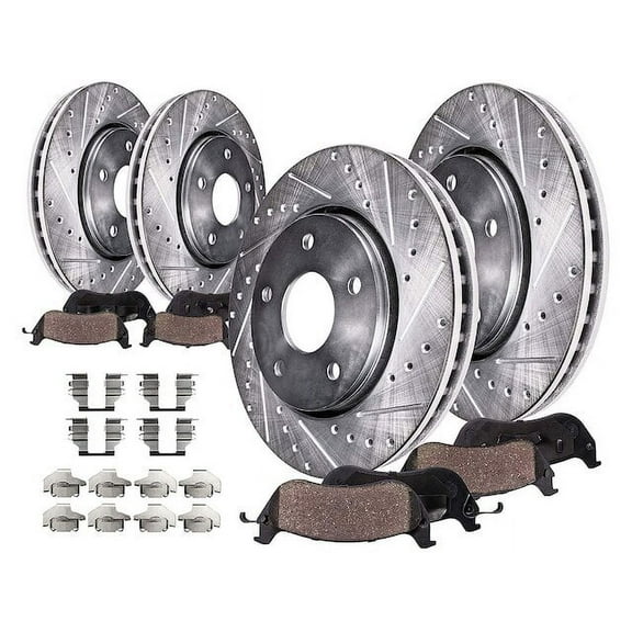 Front and Rear Ceramic Brake Pads and Cross Drilled and Slotted Rotor Kit - Compatible with 2011 - 2017 Ram 1500 2012 2013 2014 2015 2016