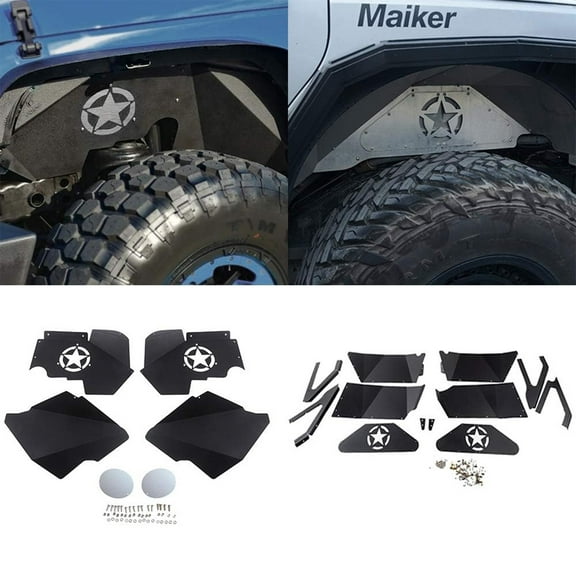 Front and Rear Inner Fender Liners w/Five Star Logo for 2007-2017 Jeep Wrangler JK JKU 4WD Lightweight Aluminum Design Black