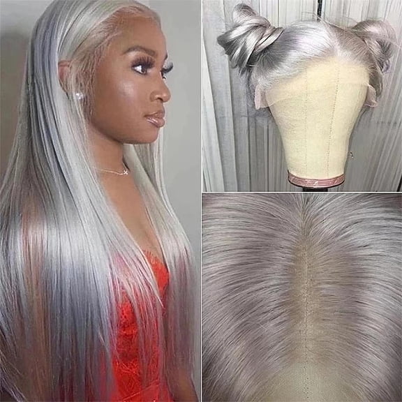 Front lace wig silver gray long straight hair chemical fiber head cover