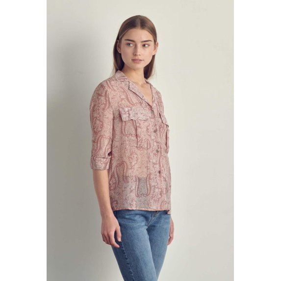 Front pocket roll up sleeve chiffon blouse