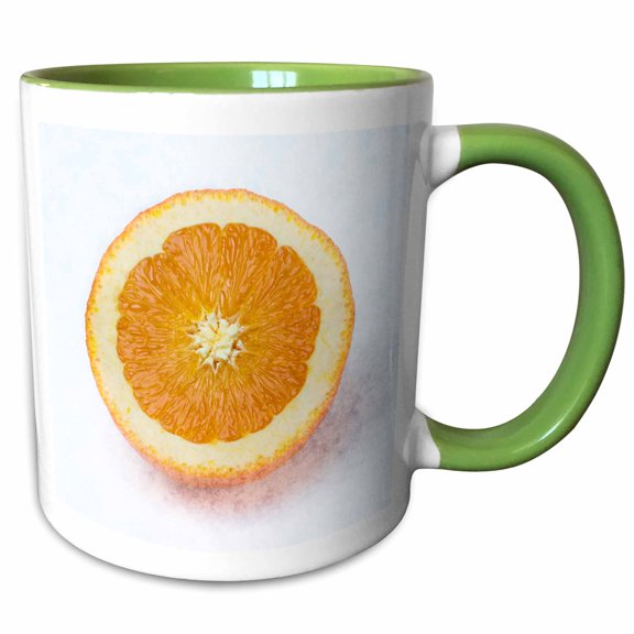 3drose, Frontal View of a Cut Orange Citrus Fruit. Stylized Photo, 11oz Two-tone Green Mug