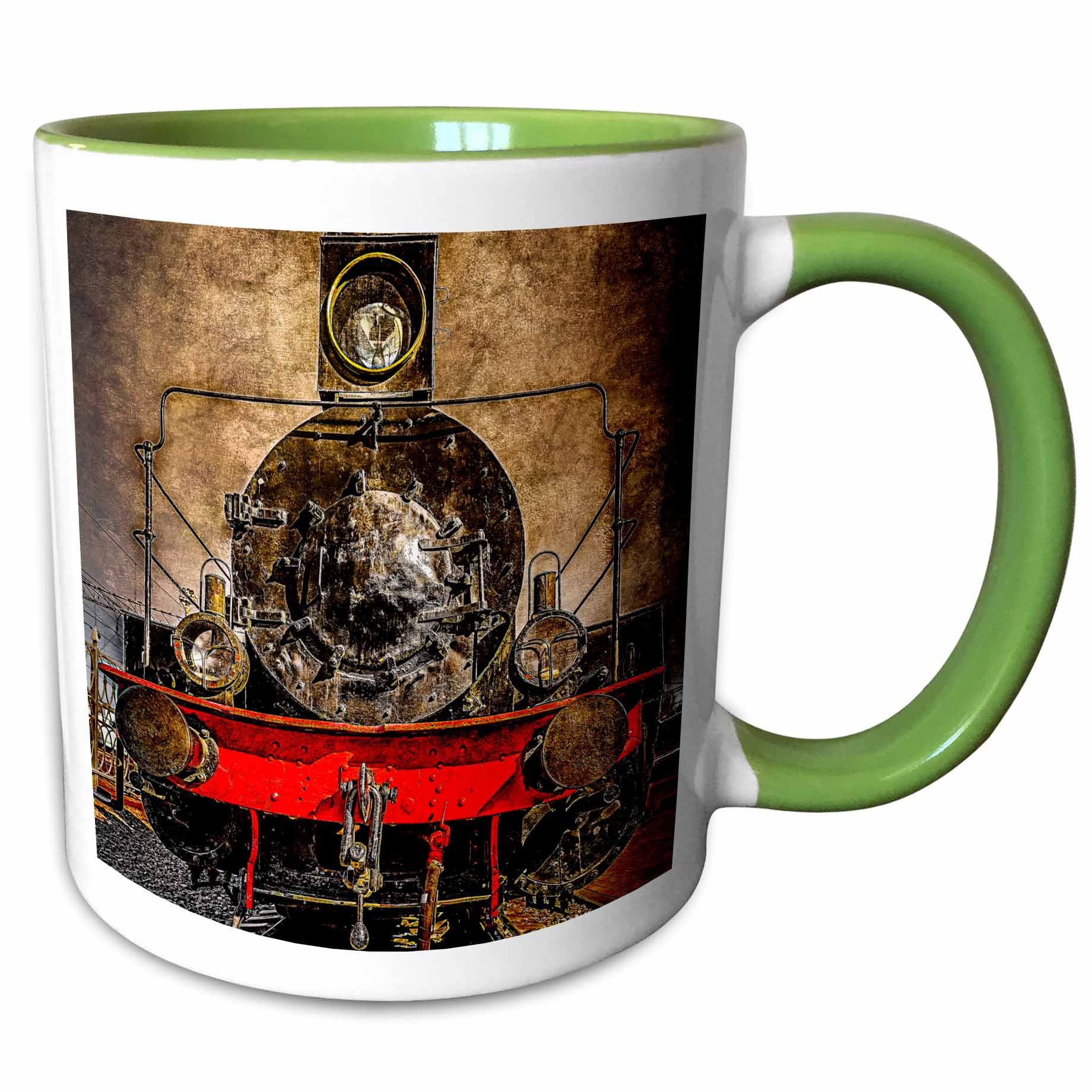 Frontal view of an ancient steam locomotive. Stylized photo 15oz Two ...