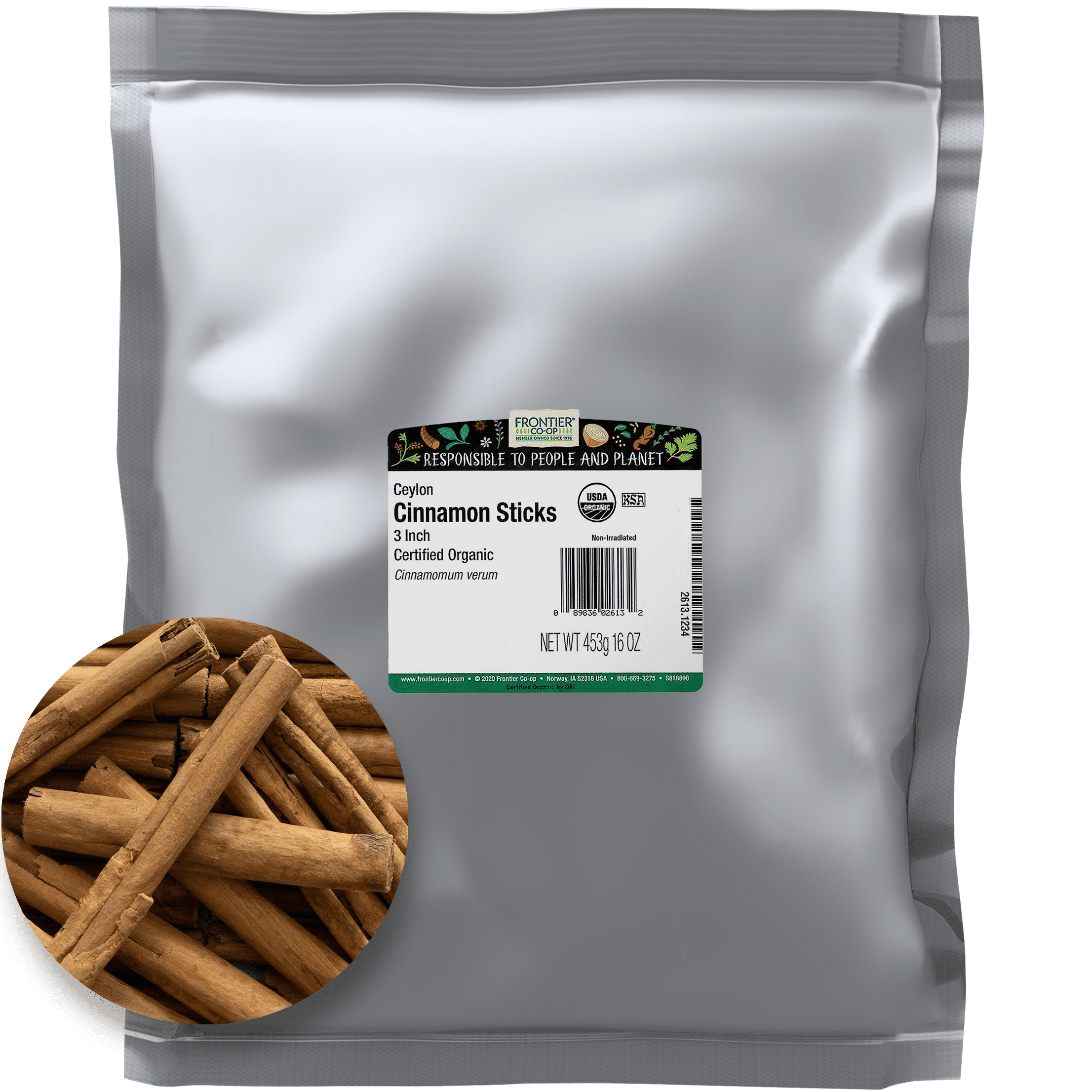 Frontier Co-op Certified Organic Ceylon Cinnamon Sticks, 3", 16 oz. Bag
