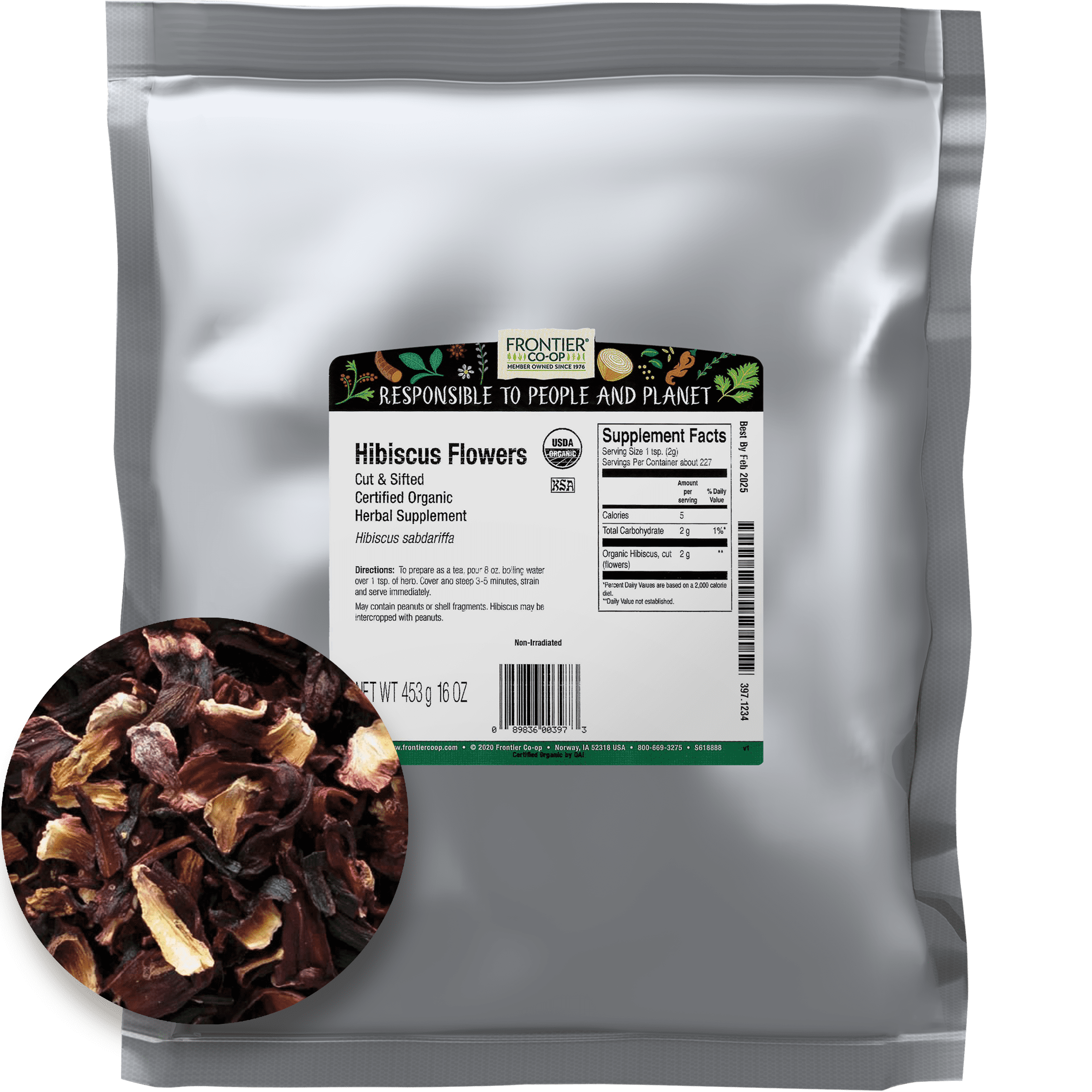 Frontier Co-op Organic Cut & Sifted Hibiscus Flowers - 16 Oz (453g) Loose Leaf Tea, Kosher