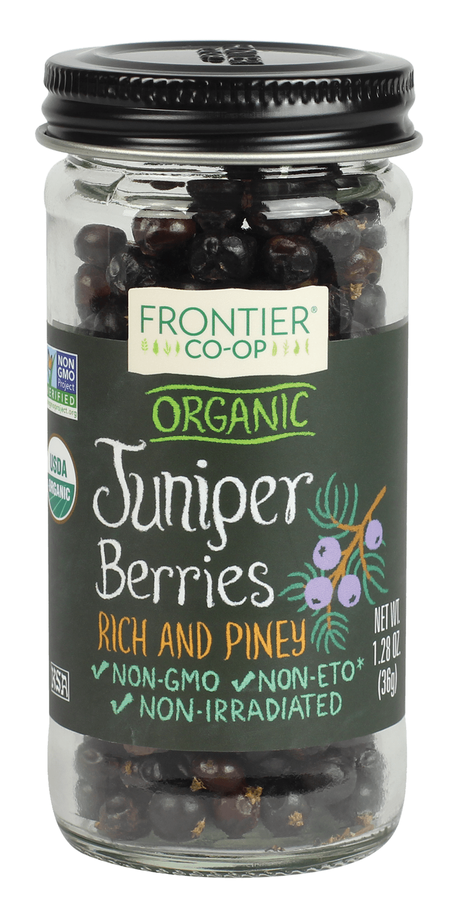 Frontier Coop Juniper Berries Whole Certified Organic 1.28 oz. bottle