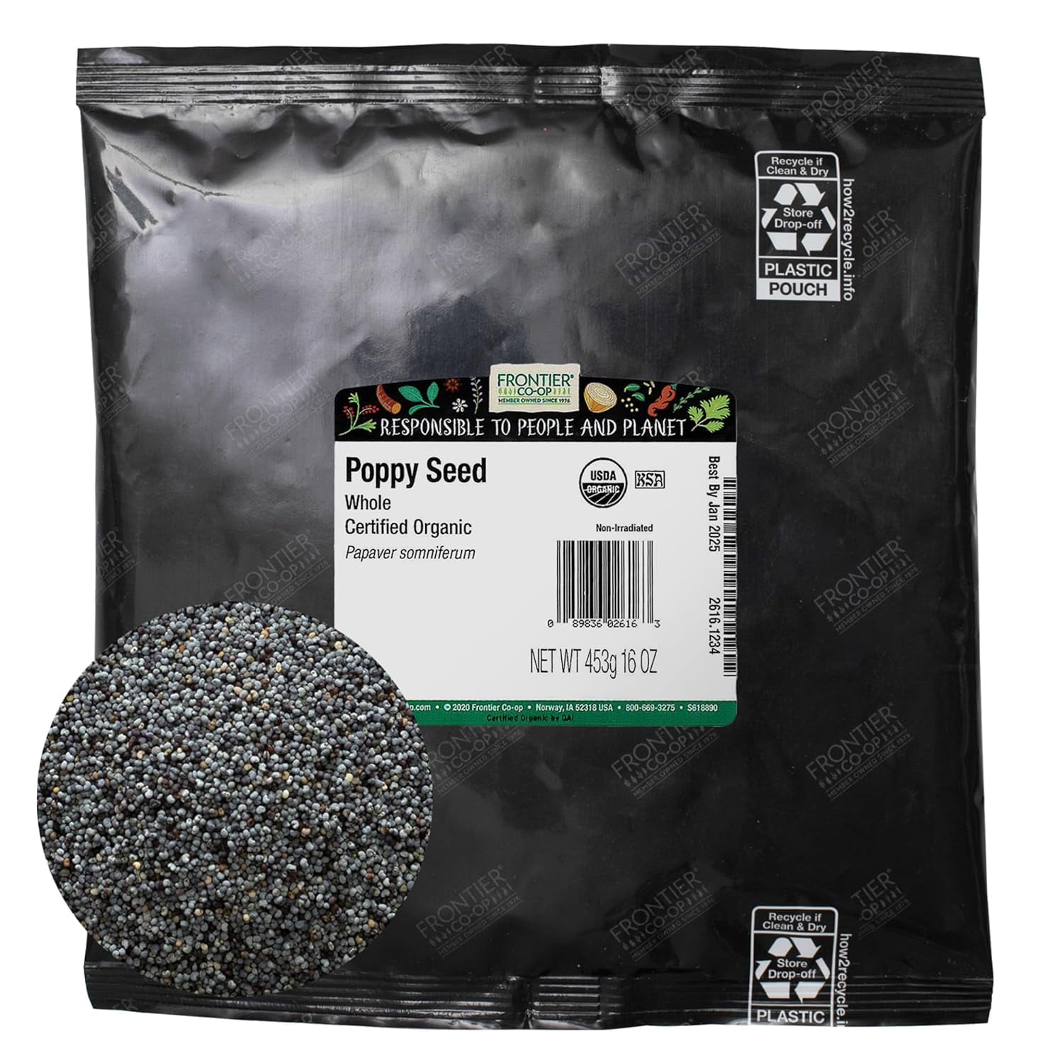 Frontier Coop Organic Whole Poppy Seed 1lb Bulk Bag of Poppy Seeds