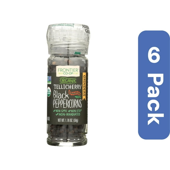 Frontier Herb Peppercorns - Organic - Whole - Black - Tellicherry Grade - Grinder Bottle - 1.76 oz - Case of 6