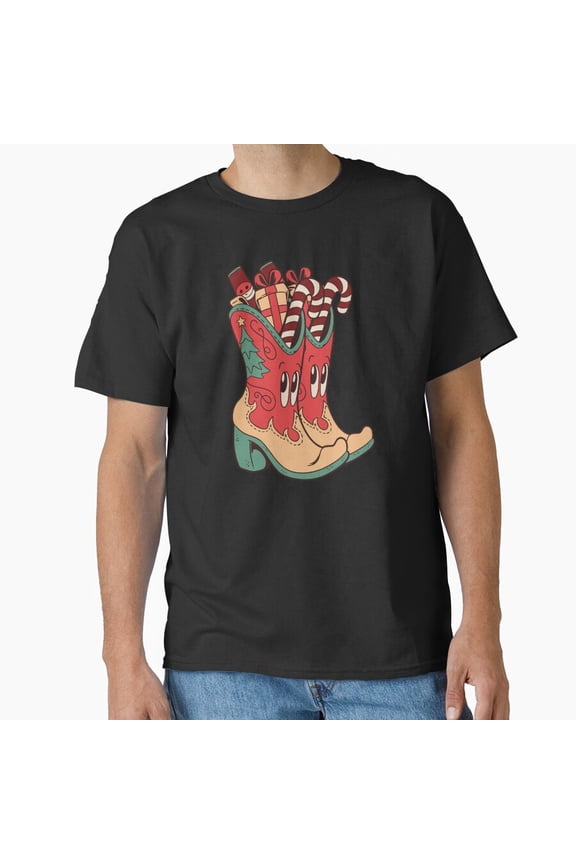 Frontier Holiday Cowboy Boots Artwork for Western Christmas Style Unisex T-Shirt, up to size 5XL