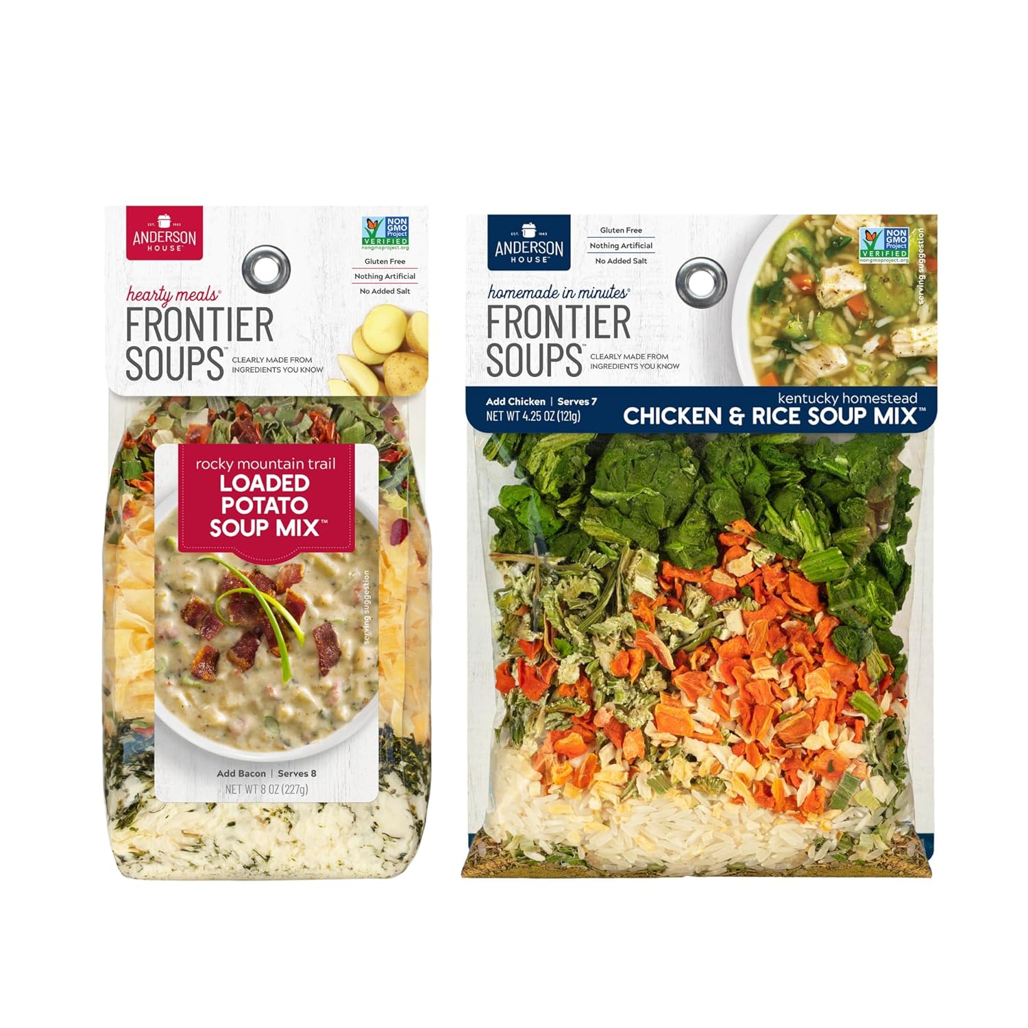 Frontier Soups Combo Pack: (1) Mountain Trail Loaded Potato, 8 oz  (1) Kentucky Homestead Chicken  Rice, 4.25 oz