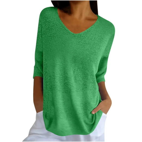 Frontley Solid Color Knitted V Neck Top, 3/4 Sleeve Tops Casual Pullover, Solid Color Knitted V-Neck Top for Women