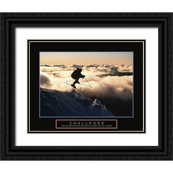 Frontline 14x12 Black Ornate Wood Framed with Double Matting Museum Art Print Titled - Challenge - Skier in Clouds