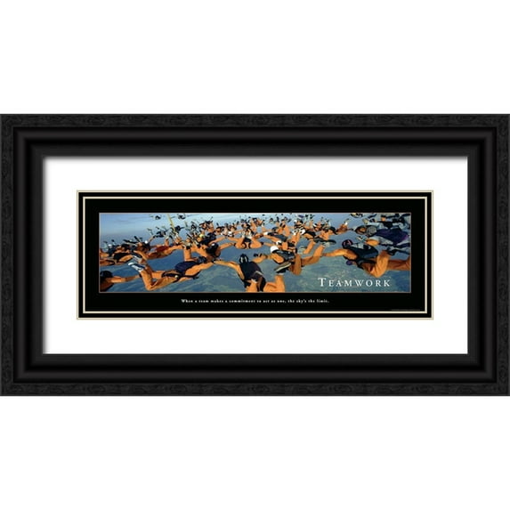 Frontline 18x9 Black Ornate Wood Framed with Double Matting Museum Art Print Titled - Teamwork - Skydivers