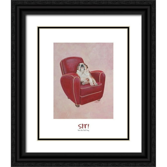 Frontline 26x32 Black Ornate Wood Framed with Double Matting Museum Art Print Titled - Bull Dog Sitting on Chair