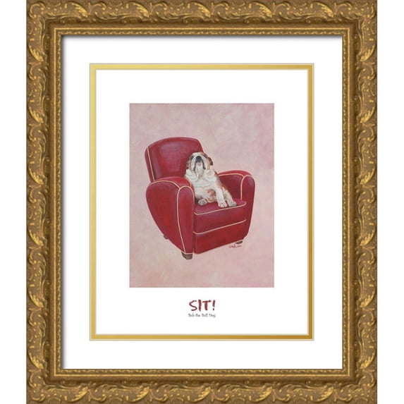 Frontline 26x32 Gold Ornate Wood Framed with Double Matting Museum Art Print Titled - Bull Dog Sitting on Chair