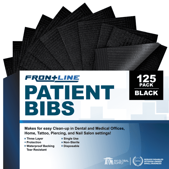 Frontline Disposable Dental Bibs, 125 Count, Absorbent Waterproof, 13" x 18" Black