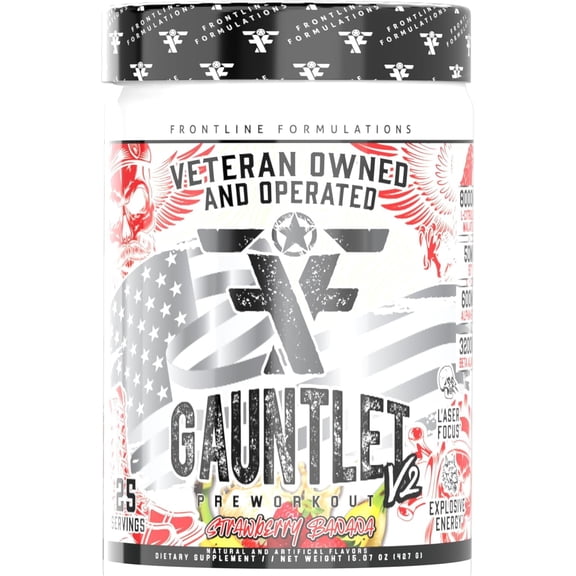 Frontline Formulations Gauntlet Pre-Workout Powder, Energy & Endurance, (25 Servings, Strawberry Banana)