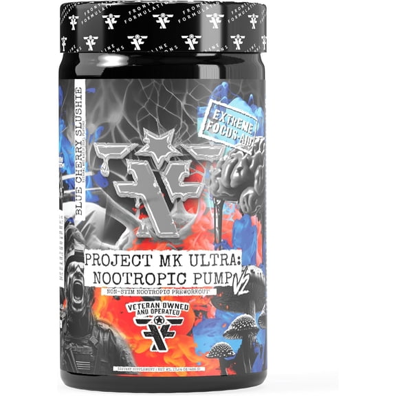 Frontline Formulations Project MK Ultra V2 Pre-Workout, Non-Stimulant, Caffeine-Free Pump and Hydration Formula, Stackable Nootropic Support, Blue Cherry Slushie