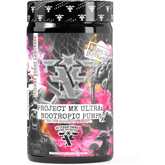 Frontline Formulations Project MK Ultra V2 Pre-Workout, Non-Stimulant, Caffeine-Free Pump and Hydration Formula, Stackable Nootropic Support, Cherry Berry Lemonade