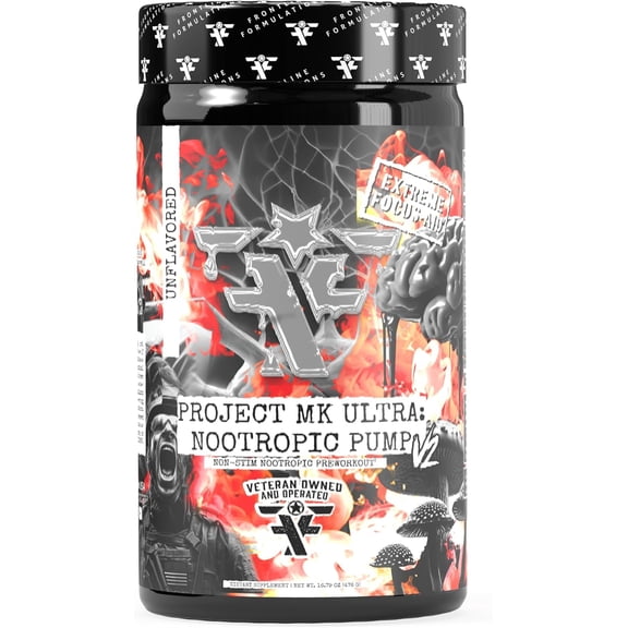 Frontline Formulations Project MK Ultra V2 Pre-Workout, Non-Stimulant, Caffeine-Free Pump and Hydration Formula, Stackable Nootropic Support, Unflavored