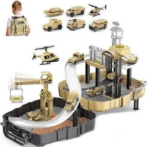 Frontoytall Army Toys Backpack Playset for Boys 3+, 2-in-1 Military Base Toy with Tank, Helicopter, Truck, Vehicle Tracks, Rotating Crane & Command Center, Portable Travel Toy Gift