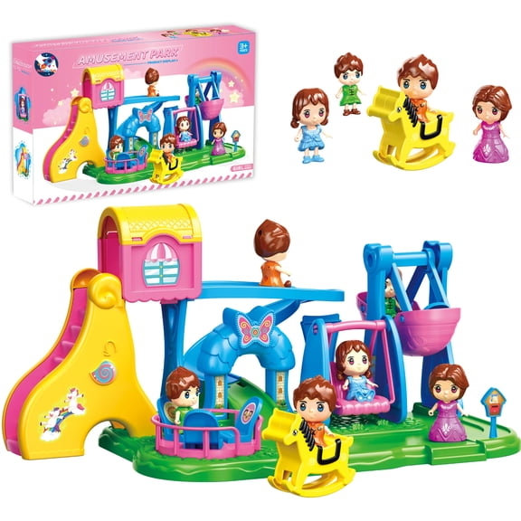 Frontoytall Building Toys Kids Playground Set, Pink Amusement Park Toy Playset with 4 Doll Figures, Swing Slide Rocking Horse & Spinning Ride, Pretend Play Dollhouse for Girls 3+, Gift for Kids