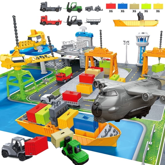 Frontoytall Cargo Ship Toy Set with Crane, Shipping Containers, Cargo Plane, Trucks & Play Mat, Port Transport Playset with Boat and Accessories, Bath Toy Gift for Kids Boys Girls Age 3+